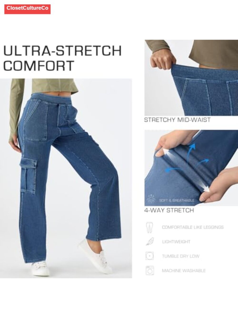 Pull On Cargo Jeans Elastic Waist Wide Leg Stretch Denim Pockets - Picture 4 of 6